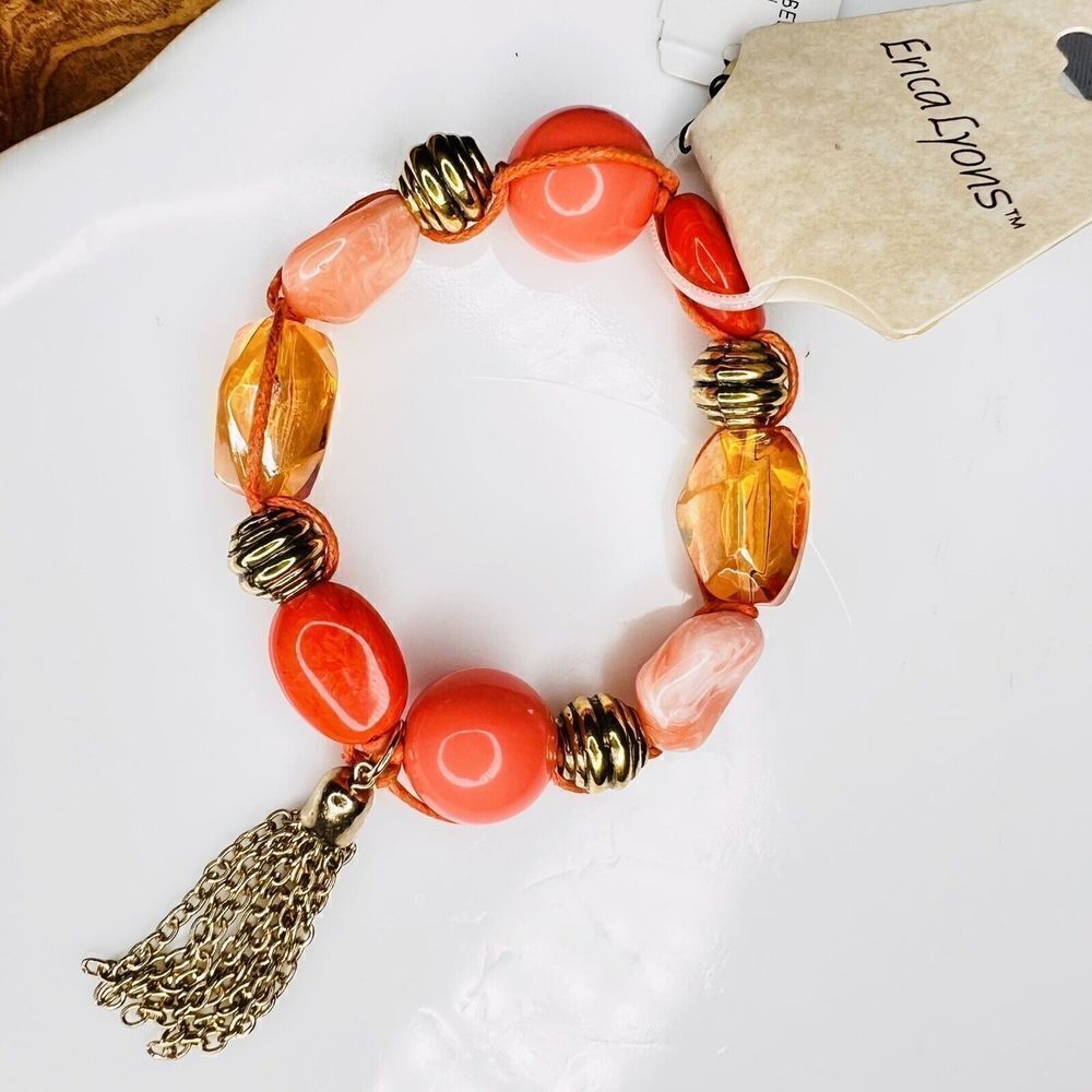 Vintage Bracelet Red Orange Coral Shades Lucite Beads Stretch Erica Lyons 4703